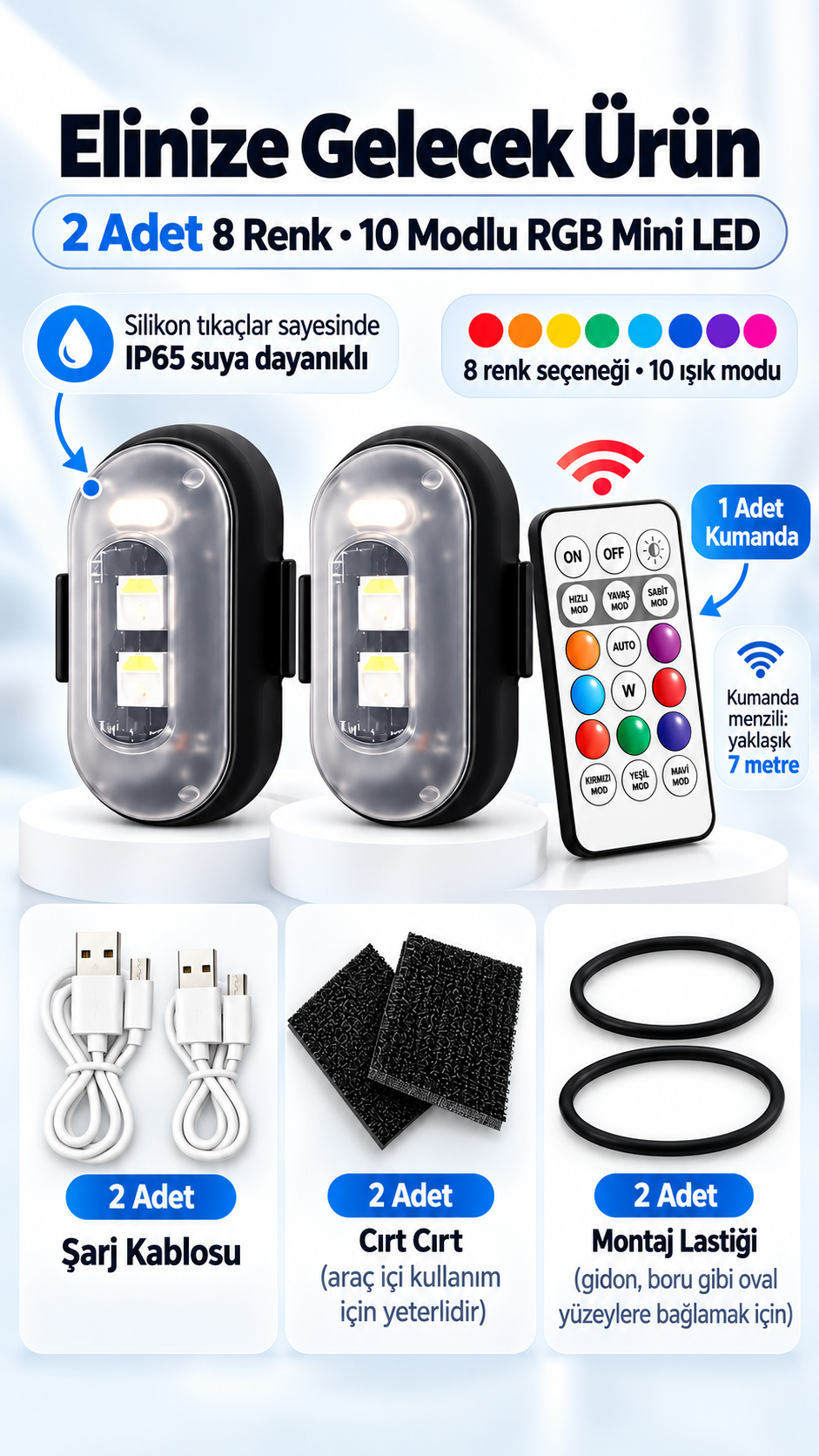LedGarajım™ Kablosuz RGB Mini LED Set – 2’li | 8 Renk 10 Mod